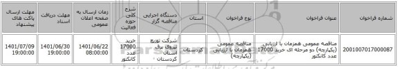 مناقصه، مناقصه عمومی همزمان با ارزیابی (یکپارچه) دو مرحله ای خرید 17000 عدد کانکتور