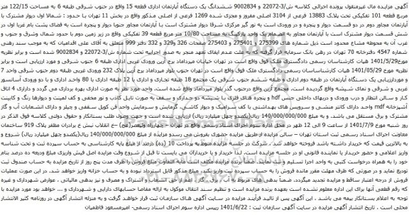 آگهی مزایده ششدانگ یک دستگاه آپارتمان اداری قطعه 15 