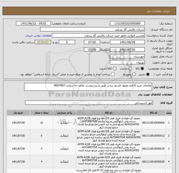 استعلام تقاضای خرید 6 قلم مفتول فسفر براس طبق شرح پیوست تقاضا به شماره 9647807