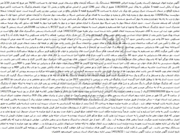 آگهی مزایده ششدانگ یک دستگاه آپارتمان واقع درشمال غربی طبقه اول به مساحت 76/93 متر مربع که مقدار 2/30 متر مربع