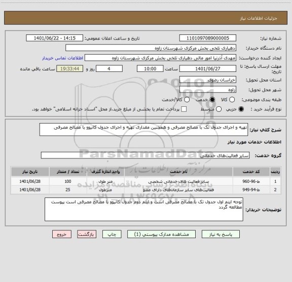 استعلام تهیه و اجرای جدول تک با مصالح مصرفی و همچنین مقداری تهیه و اجرای جدول کانیوو با مصالح مصرفی