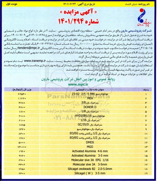 مزایده انواع مواد جاذب و شیمیایی 