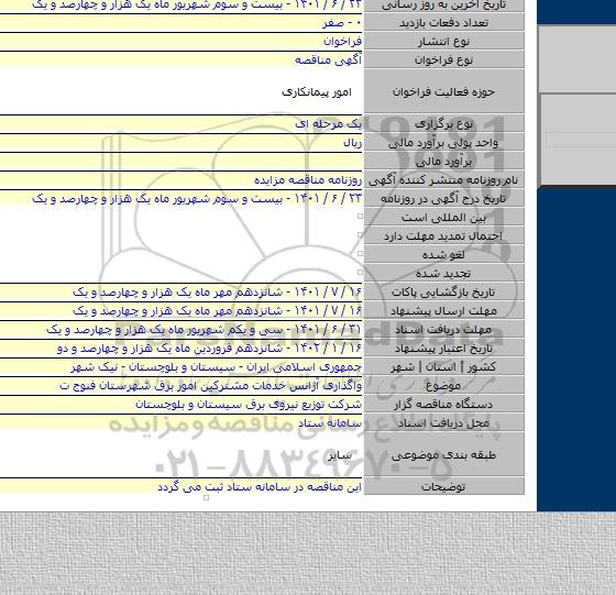 مناقصه, واگذاری آژانس خدمات مشترکین  امور برق شهرستان فنوج ت