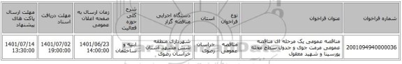 مناقصه، مناقصه عمومی یک مرحله ای مناقصه عمومی مرمت جوی و جدول سطح محله پورسینا و شهید معقول