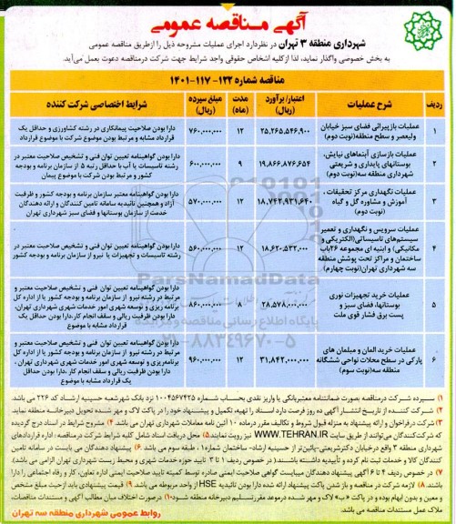 مناقصه عملیات بازپیرایی فضای سبز خیابان ولیعصر و سطح منطقه ...