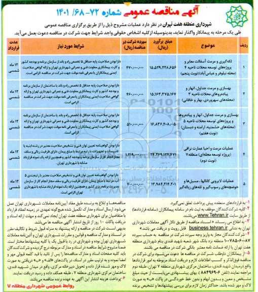 مناقصه لکه گیری و مرمت آسفالت معابر و پروژه های توسعه محلات....