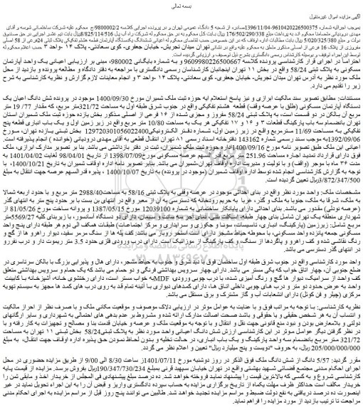 مزایده فروش اعیانی ششدانگ یکدستگاه آپارتمان قطعه هشتم تفکیکی پلاک ثبتی 24فرعی از 58 اصلی مفروزی از پلاک 16 فرعی از اصلی 