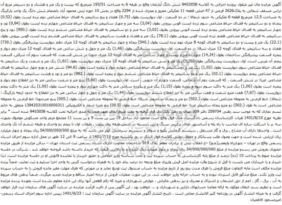 آگهی مزایده شش دانگ آپارتمان واقع در طبقه 6 به مساحت 193/51 مترمربع