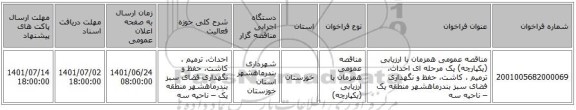 مناقصه، مناقصه عمومی همزمان با ارزیابی (یکپارچه) یک مرحله ای احداث،  ترمیم ، کاشت، حفظ و نگهداری فضای سبز بندرماهشهر منطقه  یک – ناحیه سه