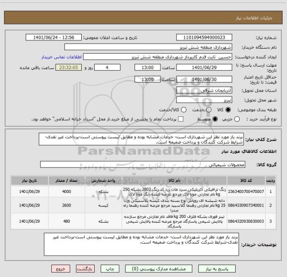 استعلام برند یاز مورد نظر این شهرداری است- خدمات مشابه بوده و مطابق لیست پیوستی است-پرداخت غیر نقدی-شرایط شرکت کنندگان و پرداخت ضمیمه است.