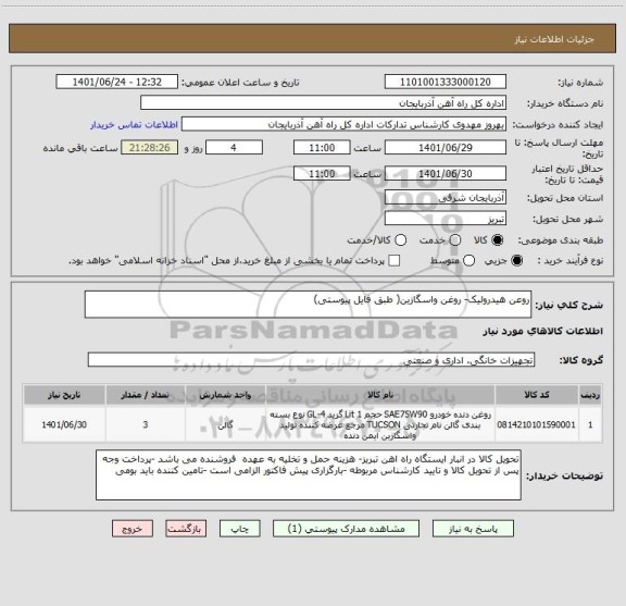 استعلام روعن هیدرولیک- روغن واسگازین( طبق فایل پیوستی)