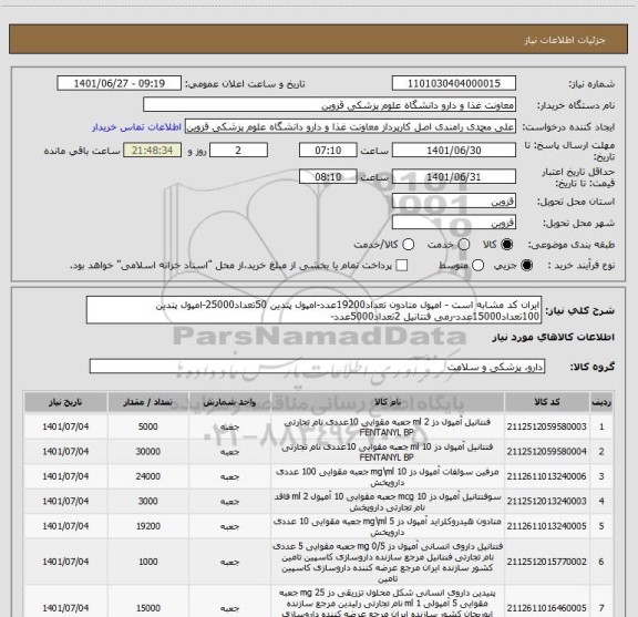 استعلام ایران کد مشابه است - امپول متادون تعداد19200عدد-امپول پتدین 50تعداد25000-امپول پتدین 100تعداد15000عدد-رمی فنتانیل 2تعداد5000عدد-