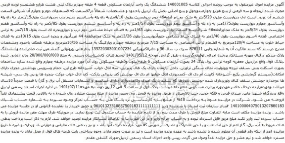 آگهی مزایده ششدانگ یک واحد آپارتمان مسکونی قطعه 4 طبقه چهارم پلاک ثبتی هشت هزارو هشتصدو نوزده فرعی مجزی شده ازپنجاه و سه فرعی از پنج هزارو چهارصدوچهل و پنج اصلی