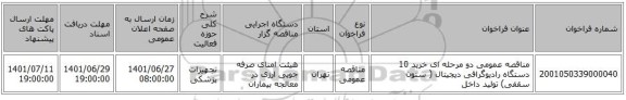 مناقصه، مناقصه عمومی دو مرحله ای خرید 10 دستگاه رادیوگرافی دیجیتال ( ستون سقفی) تولید داخل