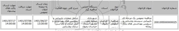 مناقصه، مناقصه عمومی یک مرحله ای بازپیرایی سیستم روشنایی و سرویس بهداشتی های پارک ریحانه