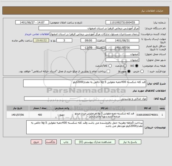 استعلام قند کله شکسته 400جعبه مقوایی 5 kg خالص به مقدار2000کیلو