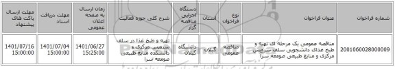 مناقصه، مناقصه عمومی یک مرحله ای تهیه و طبخ غذای دانشجویی سلف سرویس مرکزی و منابع طبیعی صومعه سرا