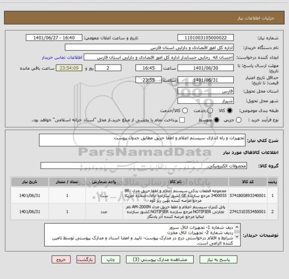 استعلام تجهیزات و راه اندازی سیستم اعلام و اطفا حریق مطابق جدول پیوست