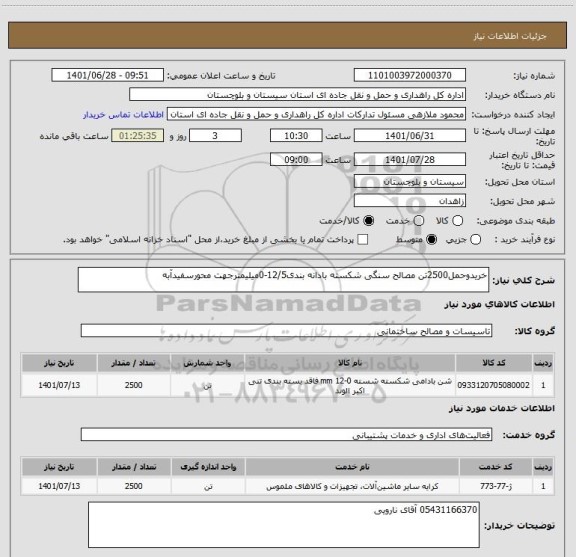 استعلام خریدوحمل2500تن مصالح سنگی شکسته بادانه بندی12/5-0میلیمترجهت محورسفیدآبه