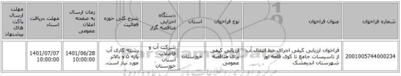 مناقصه، فراخوان ارزیابی کیفی اجرای خط انتقال آب از تاسیسات جامع تا کوی قلعه لور شهرستان اندیمشک