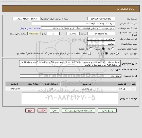 استعلام عملیات حفاری یک حلقه چاه نیمه عمیق دهانه گشاد آب شرب به عمق 10 متر با احداث گالری  بطول 20 متر در مجتمع قلعه چی شهرستان جوانرود