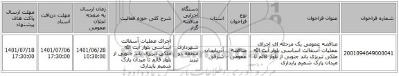 مناقصه، مناقصه عمومی یک مرحله ای اجرای عملیات آسفالت اساسی بلوار آیت الله ملکی تبریزی باند جنوبی از بلوار قائم تا میدان پارک شمیم پایداری