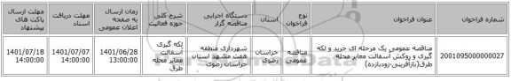 مناقصه، مناقصه عمومی یک مرحله ای خرید و لکه گیری و روکش آسفالت معابر محله طرق(بازآفرینی-زودبازده)