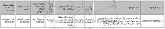 مناقصه، مناقصه عمومی یک مرحله ای تامین منابع آبی معبر سواره رو در خیابان های نامجو،آخوند خراسانی،تولائی،پارک گل نرگس و اقاقیا