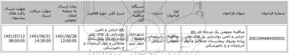 مناقصه، مناقصه عمومی یک مرحله ای رفع خرابی و تامین روشنایی پل های عابر پیاده روبروی بیمارستان محلاتی و بلوار آذربایجان و خ دامپزشکی