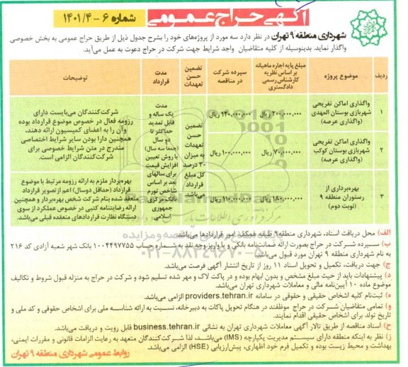 حراج واگذاری اماکن تفریحی شهربازی ....