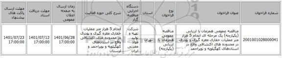 مناقصه، مناقصه عمومی همزمان با ارزیابی (یکپارچه) یک مرحله ای انجام 5 هزار متر عملیات حفاری مغزه گیری و پودری در محدوده های اکتشافی واقع در استان‌های کهگیلویه و بویراحمد