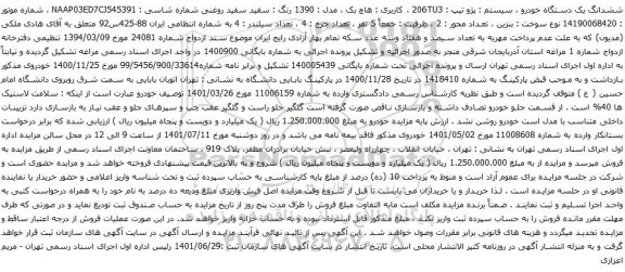 آگهی مزایده ششدانگ یک دستگاه خودرو ، سیستم : پژو تیپ : 206TU3 