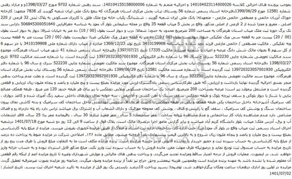 آگهی مزایده ششدانگ یکباب خانه نوع ملک طلق با کاربری مسکونی به پلاک ثبتی 32 فرعی از 220 اصلی 