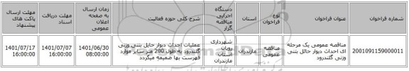 مناقصه، مناقصه عمومی یک مرحله ای احداث دیوار حائل بتنی وزنی گلندرود