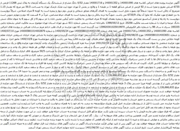 آگهی مزایده دانگ مشاع از ششدانگ یک دستگاه آپارتمان به پلاک ثبتی 11268 فرعی از 6735 اصلی