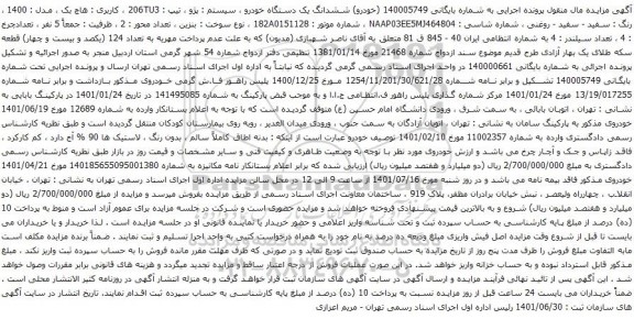 آگهی مزایده ششدانگ یک دستگاه خودرو ، سیستم : پژو ، تیپ : 206TU3