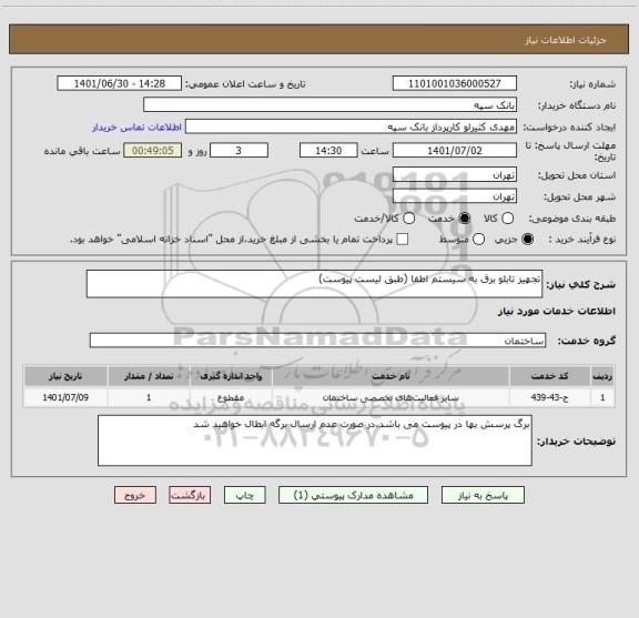 استعلام تجهیز تابلو برق به سیستم اطفا (طبق لیست پیوست)