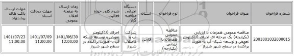 مناقصه، مناقصه عمومی همزمان با ارزیابی (یکپارچه) یک مرحله ای اجرای 10کیلومتر تعویض و توسعه شبکه آب به صورت پراکنده در سطح شهر شیراز