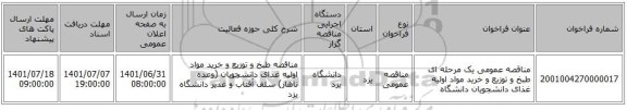 مناقصه، مناقصه عمومی یک مرحله ای طبخ و توزیع و خرید مواد اولیه غذای دانشجویان دانشگاه