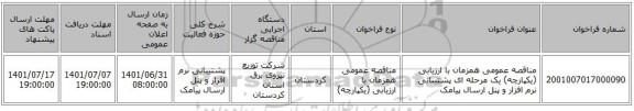 مناقصه، مناقصه عمومی همزمان با ارزیابی (یکپارچه) یک مرحله ای پشتیبانی نرم افزار و پنل ارسال پیامک