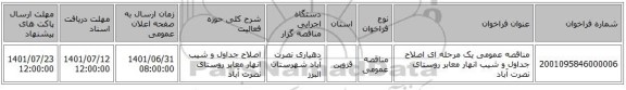 مناقصه، مناقصه عمومی یک مرحله ای اصلاح جداول و شیب انهار معابر روستای نصرت آباد