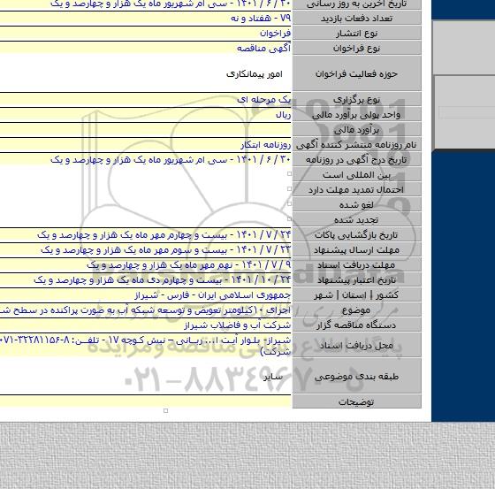 مناقصه, اجرای ۱۰کیلومتر تعویض و توسعه شبکه آب به صورت پراکنده در سطح شهر شیراز