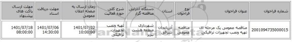 مناقصه، مناقصه عمومی یک مرحله ای تهیه ونصب تجهیزات ترافیکی