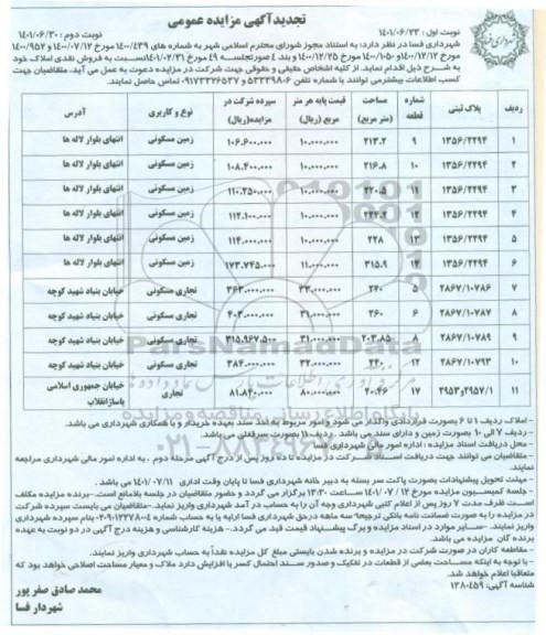 مزایده فروش نقدی املاک با کاربری زمین تجاری مسکونی تجدید