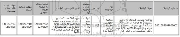 مناقصه، مناقصه عمومی همزمان با ارزیابی (یکپارچه) دو مرحله ای خرید 500 دستگاه کنتور دیجیتال سه فاز چند تعرفه ولتاژ ثانویهKW 40به بالا با مودم داخلی هوشمند(طرح فهام) (با