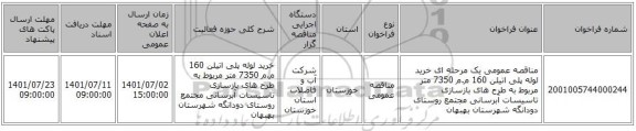 مناقصه، مناقصه عمومی یک مرحله ای خرید لوله پلی اتیلن 160 م.م 7350 متر مربوط به طرح  های بازسازی تاسیسات آبرسانی مجتمع روستای دودانگه شهرستان بهبهان