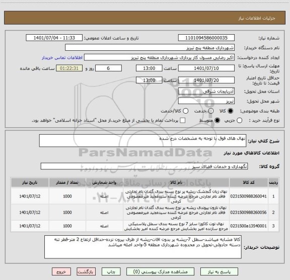 استعلام نهال های فوق با توجه به مشخصات درج شده