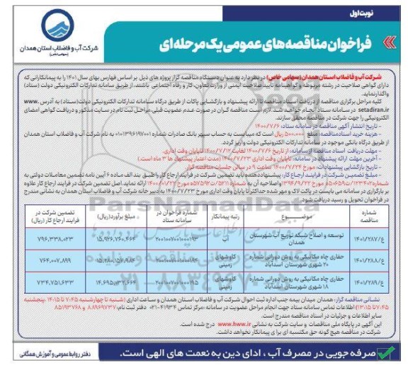 مناقصه عمومی توسعه و اصلاح شبکه توزیع آب ...