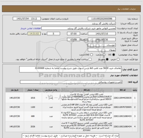 استعلام تقاضای خرید 5630 عدد لامپ led پارس شهاب طبق شرح پیوست تقاضا به شماره 0100069