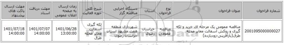 مناقصه، مناقصه عمومی یک مرحله ای خرید و لکه گیری و روکش آسفالت معابر محله طرق(بازآفرینی-زودبازده)